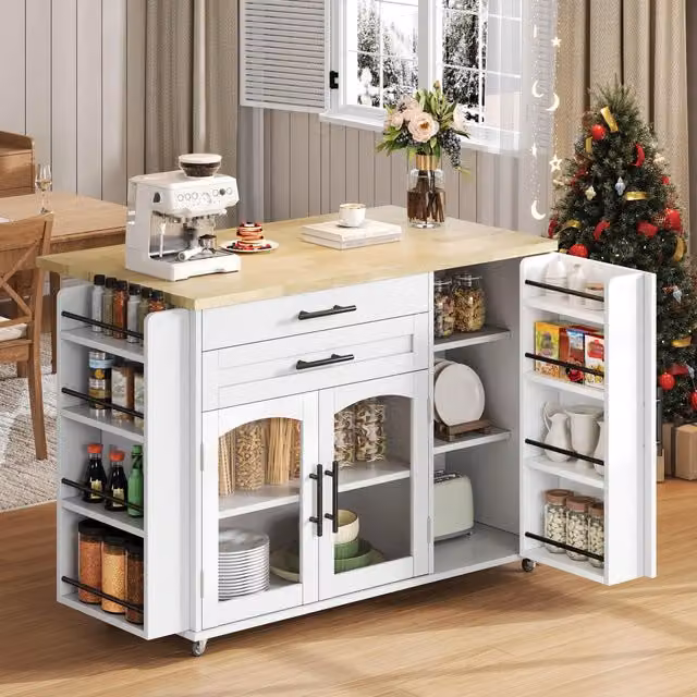 Aosom UK Mobile Kitchen Island Trolley with Glass-Door Storage Cabinet and Lockable 360 Degree Wheels, White, W/D/H: 70 x 70 x 90 cm
