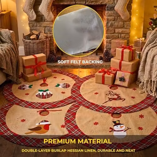 Shatchi 4 Piece Set Round Christmas Tree Skirt Decor in Brown and Beige, Diameter: 86 cm – 4