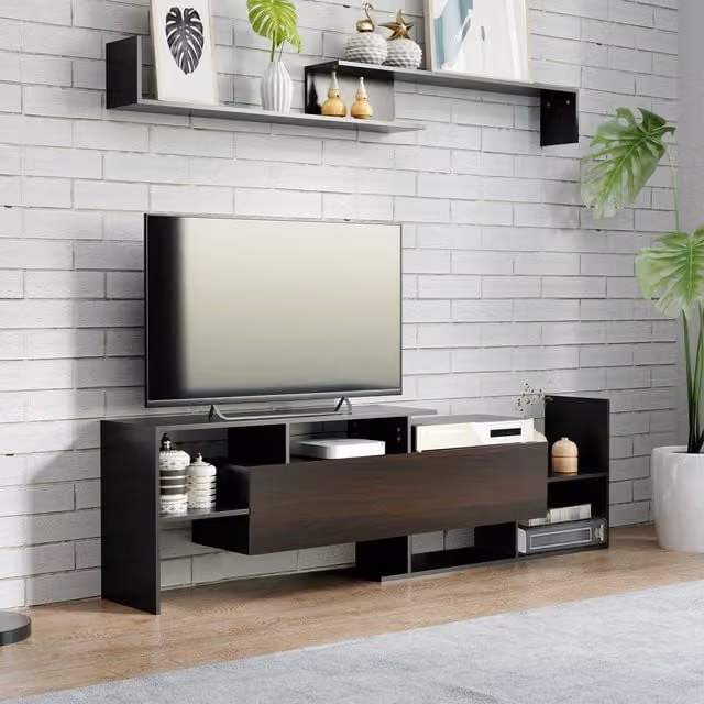 HOMCOM Modern White TV Cabinet with Wall Shelf and Media Storage Compartments