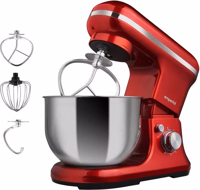 Emperial 5L Stand Mixer in Red with 6 Speeds, Dough Hook, Whisk and Beater