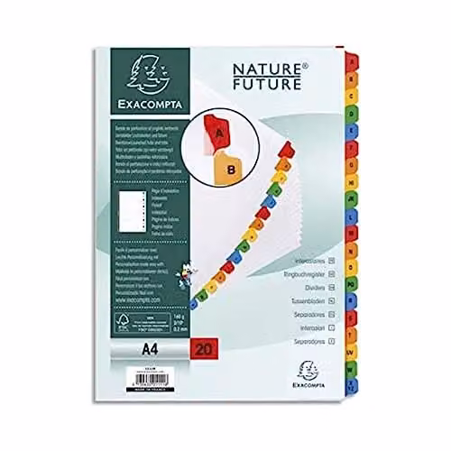 Exacompta A4 White Card Dividers with 20 Multicolour Alphabetical A-Z Tabs