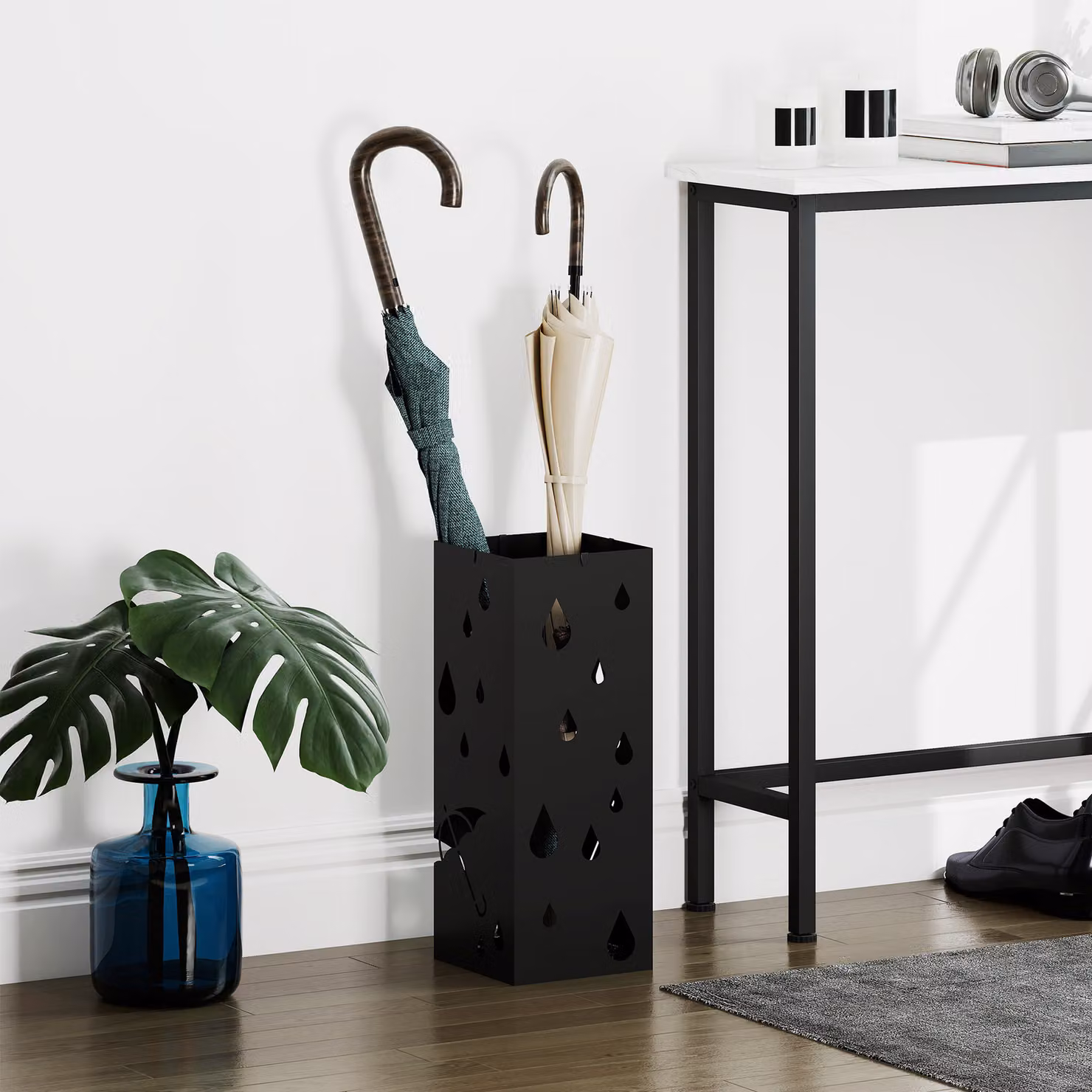HOMCOM Freestanding Square Metal Umbrella Stand with 4 Hooks and Removable Drip Tray, Dark Grey – 2