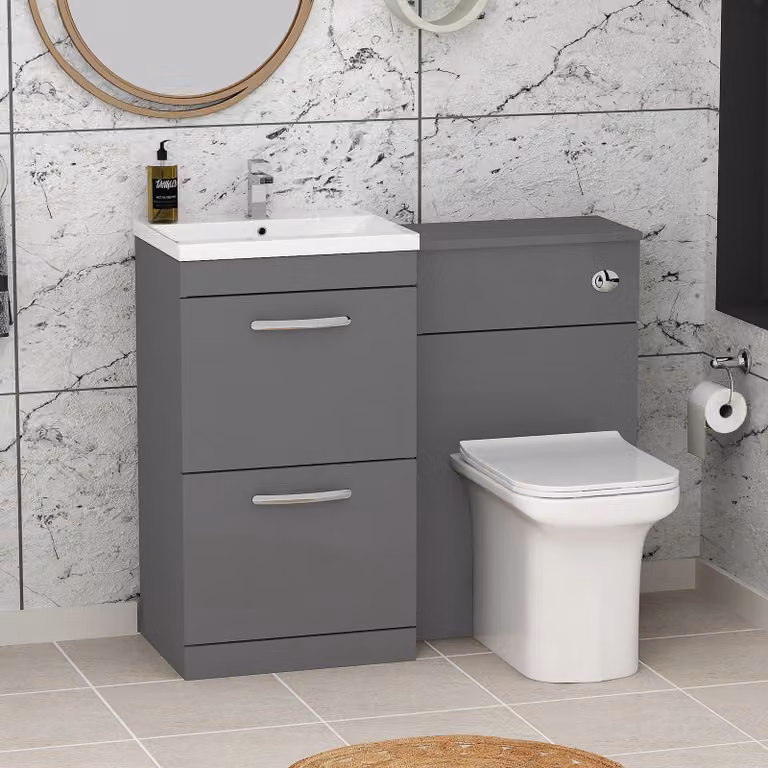Royal Bathrooms Turin 1000mm Indigo Grey Gloss 2-Drawer Mid-Edge Basin and Crosby Back to Wall Toilet Pack