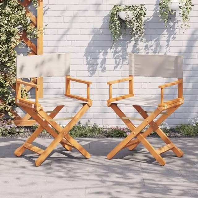 Berkfield Home Set of 2 Folding Acacia Wood Director Chairs with Armrests in Cream White Fabric – 1