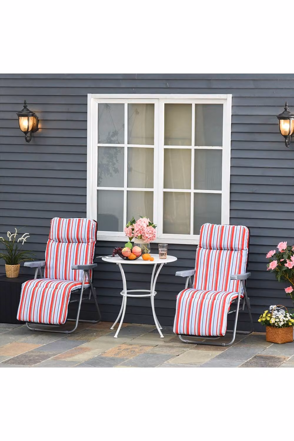 ERGOVEXA Set of 2 Red Striped Reclining Garden Chairs with Adjustable Headrests and Armrests – 2