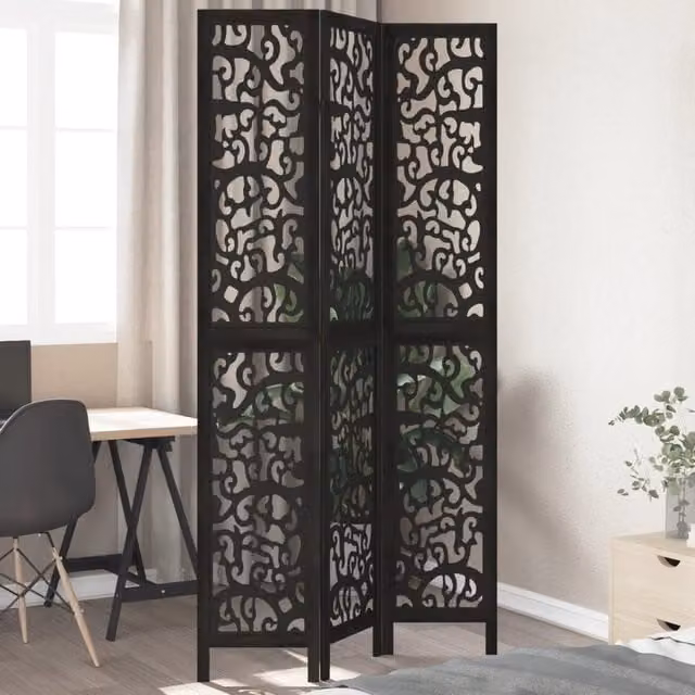 Berkfield Home 3-Panel Black Solid Paulownia Wood Room Divider