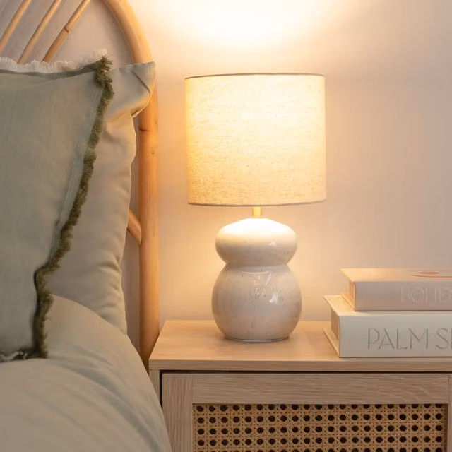 ValueLights Kendal Glazed Ceramic Table Lamp with Fabric Drum Shade and LED Bulb in Beige and Brown