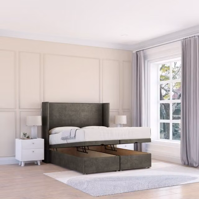 Sloomy Devonshire Dumfries Small Single Fabric Ottoman Bed with Hybrid Memory Mattress and 54 Inch Winged Headboard in Grey