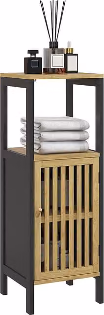 HOMCOM Slim Black Bamboo Bathroom Storage Cabinet with Open Compartment and Adjustable Shelf – 1