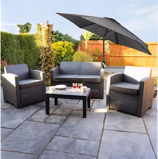 Groundlevel 2m Black and Grey Outdoor Crank and Tilt Garden Parasol with Polyester Canopy