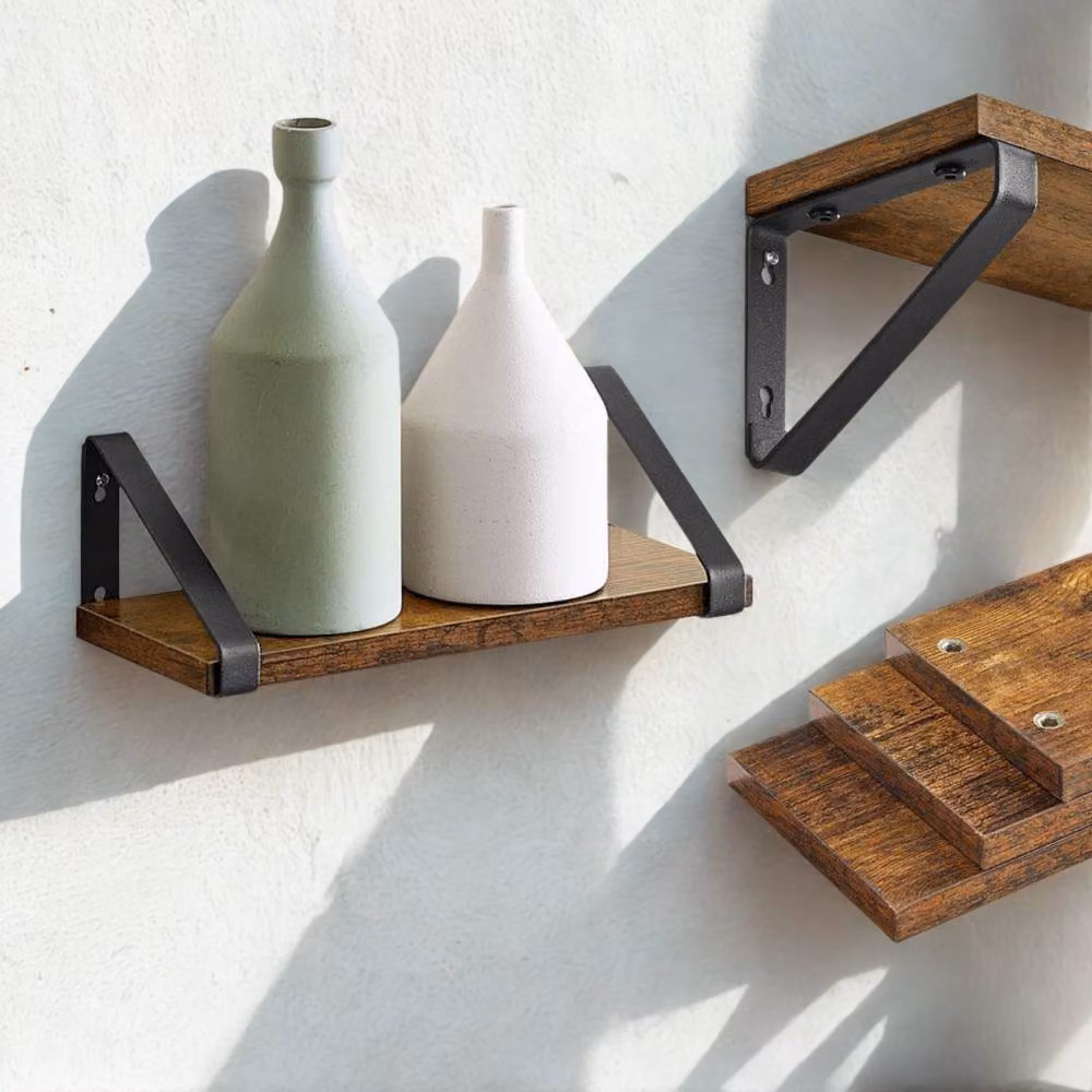 Pirlo Plush Set of 3 Industrial Rustic Brown Wall Mounted Reversible Shelves – 2