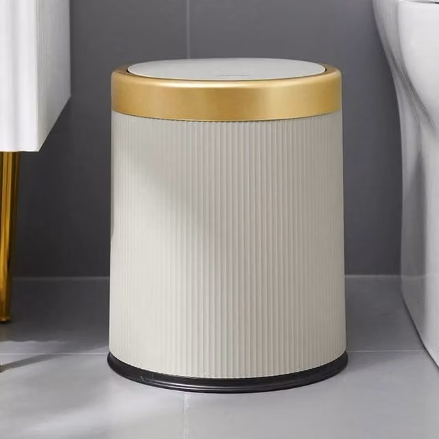 NESTLUNE Round Office Bin with Press Top Lid and Odour Filter, Beige, H 100 cm x W 15 cm
