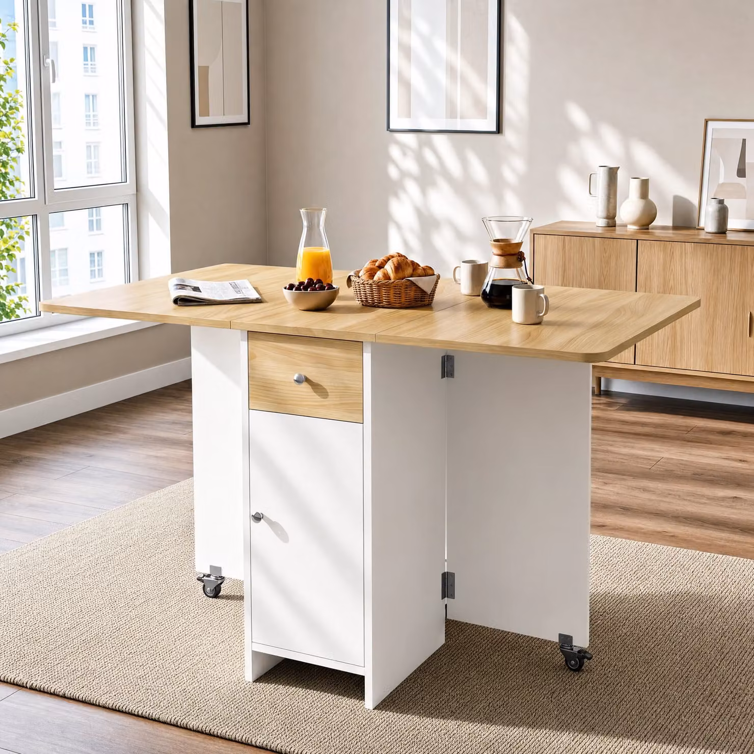 DHS Pine Drop Leaf Dining Table with Storage and Castors, W/D/H: 120 x 65 x 75 cm