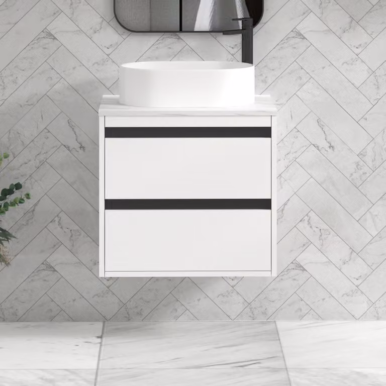 Royal Bathrooms Orion 600mm Matt White Wall Hung 2 Drawer Vanity Unit with Peak Basin and Black Accent Trim