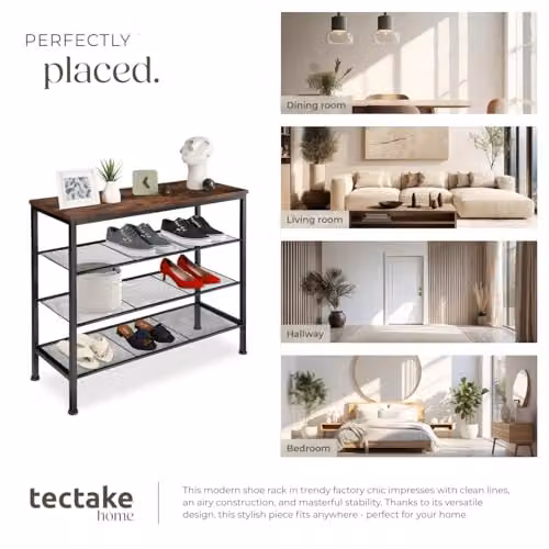 tectake Newport 4-Tier Industrial Shoe Rack with Wood-Look Top and 3 Mesh Shelves, Black and Brown, W: 80.5 cm, D: 30.5 cm, H: 72.5 cm – 6