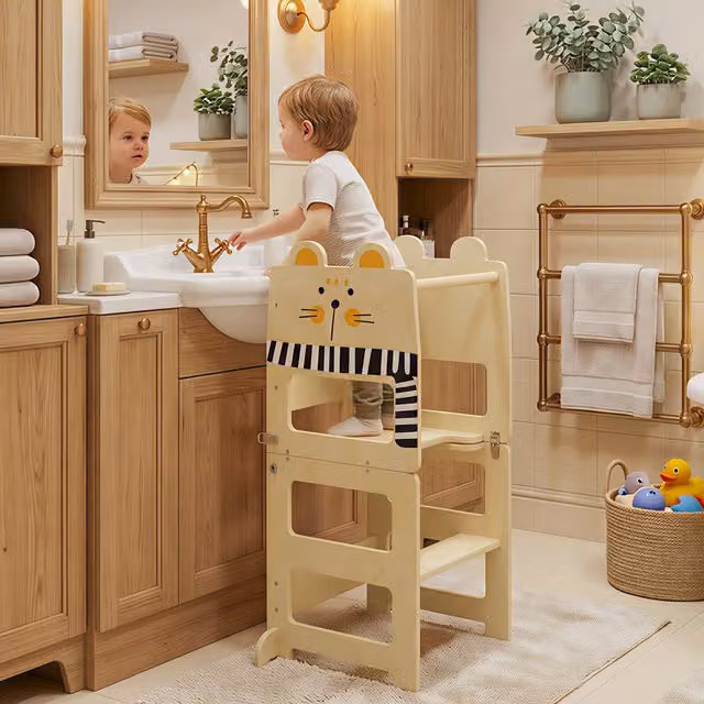 AIYAPLAY Cat-Shaped Toddler Step Stool with Chalkboard in Natural Wood Finish