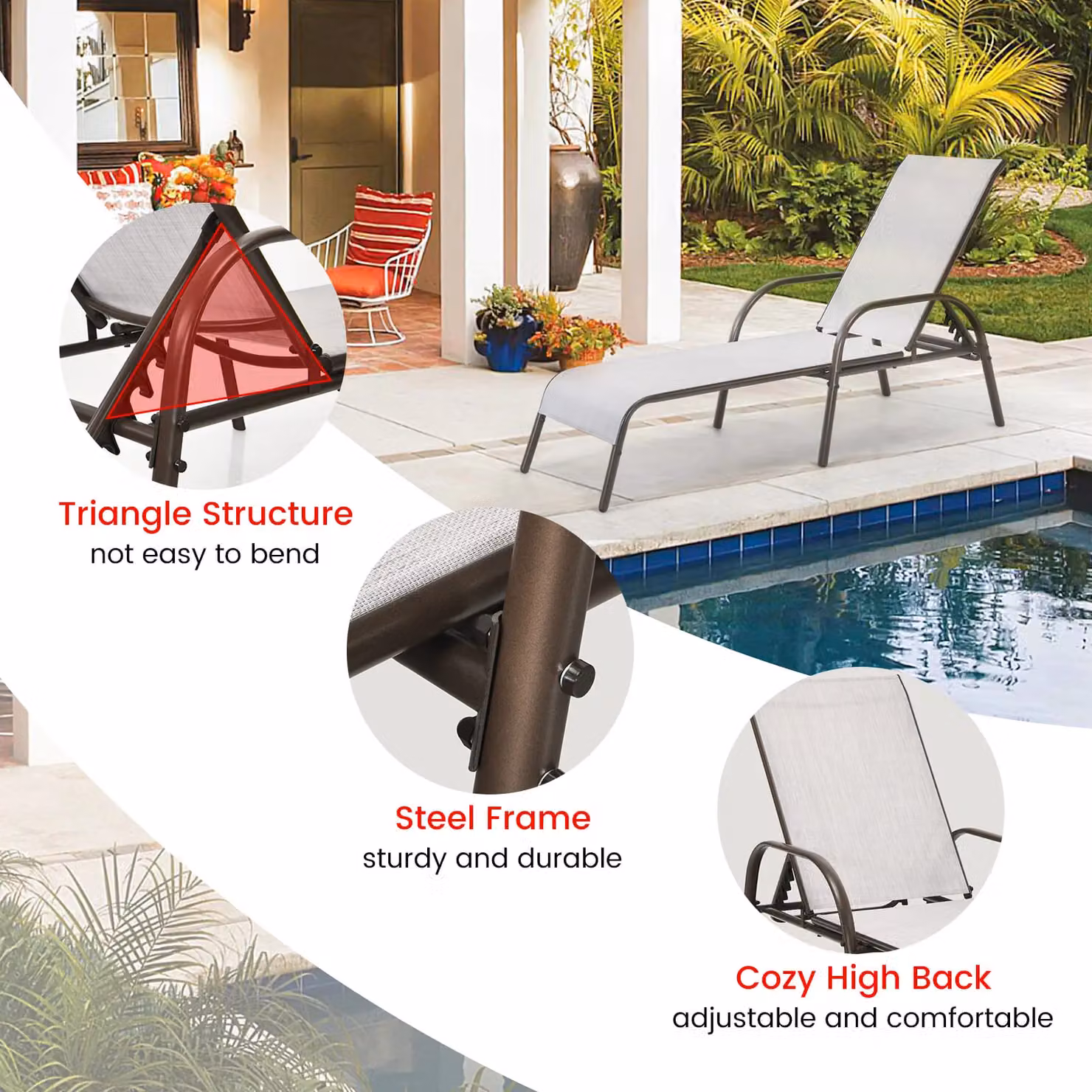 Gymax Grey Folding Chaise Lounge Chair with 5 Adjustable Positions and Textilene Fabric – 6