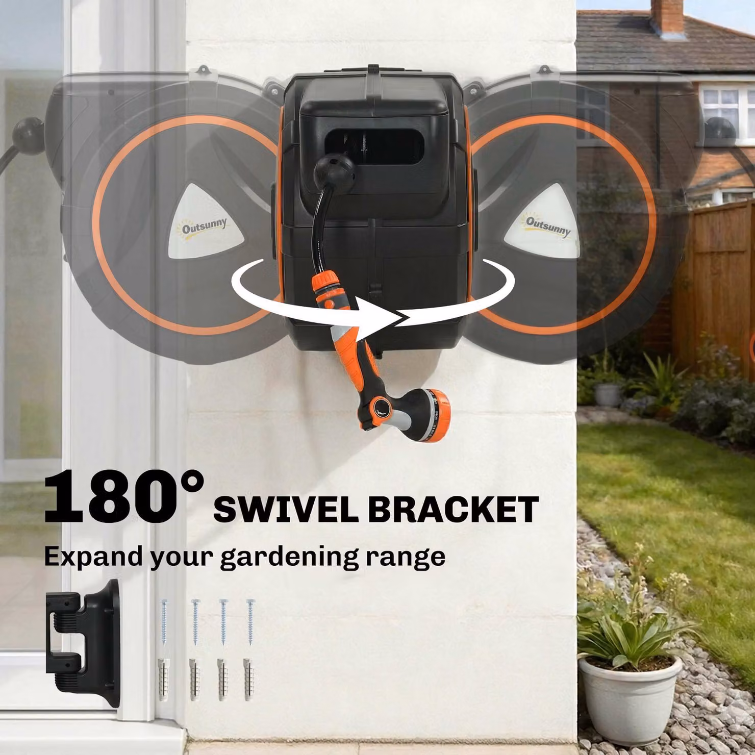 Outsunny Wall Mounted Retractable Hose Reel in Black with Auto Retraction and 12-Pattern Nozzle – 6