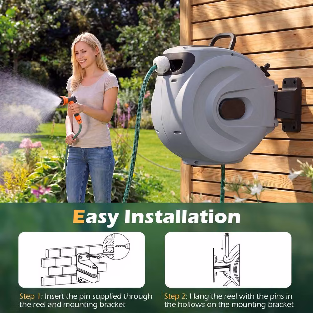 Gymax Retractable Hose Reel with Auto-Rewind and Wall Mount, 1/2 Inch, 30m + 2m, Grey – 8