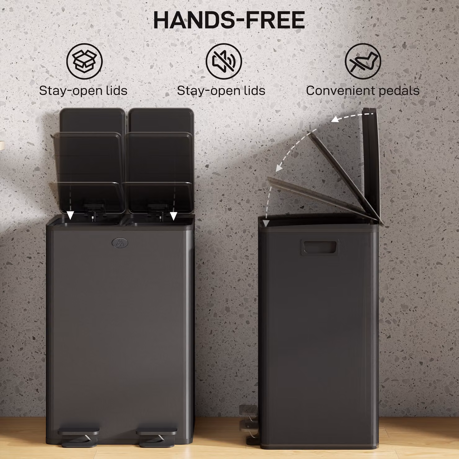 HOMCOM 56L Dual Compartment Stainless Steel Pedal Bin with Odour Filter and Removable Inner Buckets, Black – 6