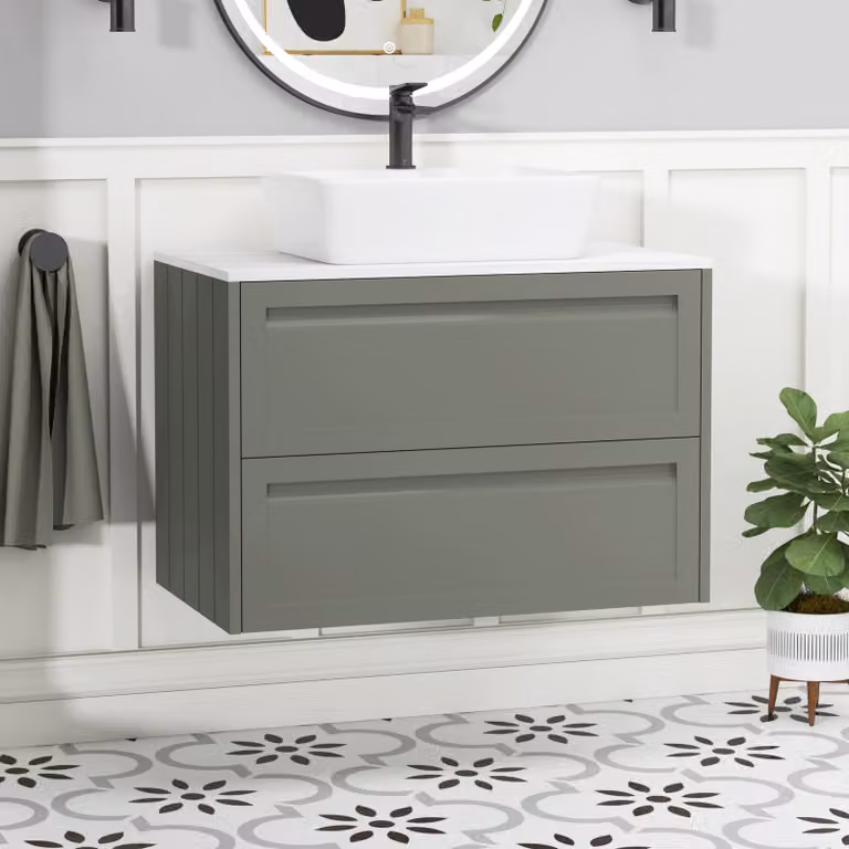 Royal Bathrooms Elmore 800mm Matt Green Wall Hung 2 Drawer Vanity Unit with White Cube Basin