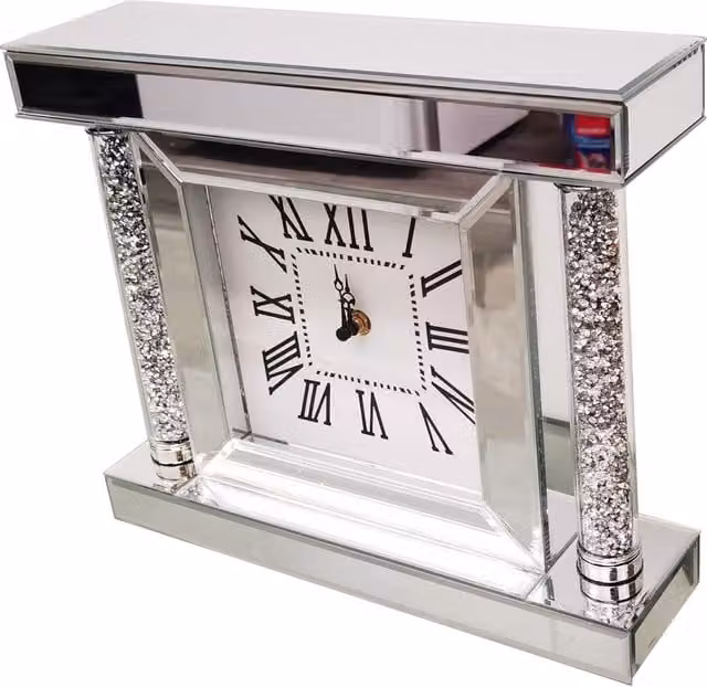 DEENZ Silver Modern Rectangular Quartz Tabletop Wall Clock with Roman Numerals and Diamante Pillars