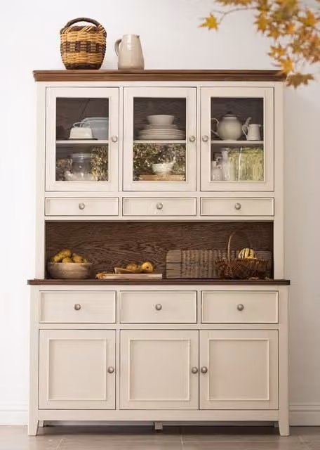 Queensbury Large Display Cabinet Dresser with Oak Tops in Bottle Green and Cotswold Cream