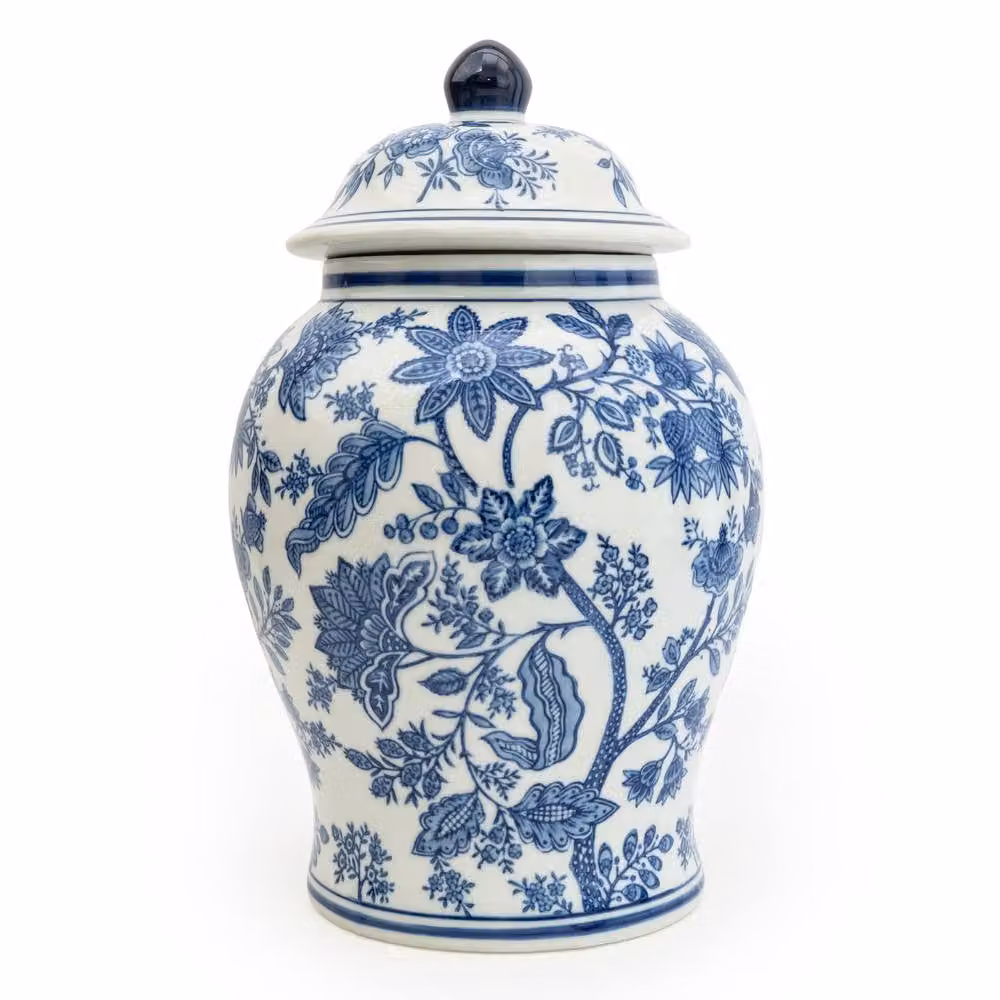 Madison & Mayfair Large Blue and White Floral Porcelain Ginger Jar, H 35.0 cm x W 21.5 cm x D 21.5 cm – 2