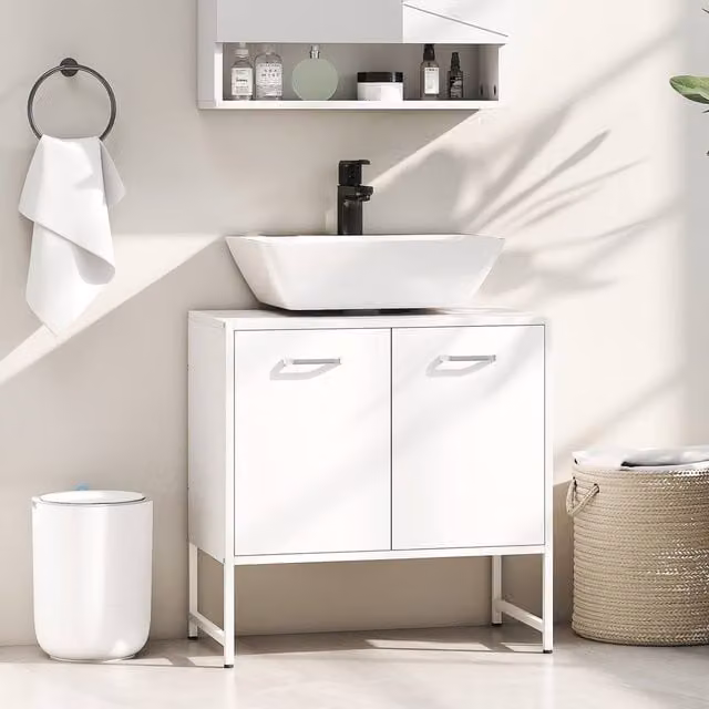 HOMCOM White Modern Freestanding Bathroom Under Sink Cabinet with Soft Close Hinged Doors and Internal Shelves