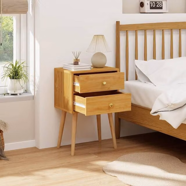 FORGEVIO Mid-Century Modern 2-Drawer Bedroom Side Table and Bedside Table in Brown Wood