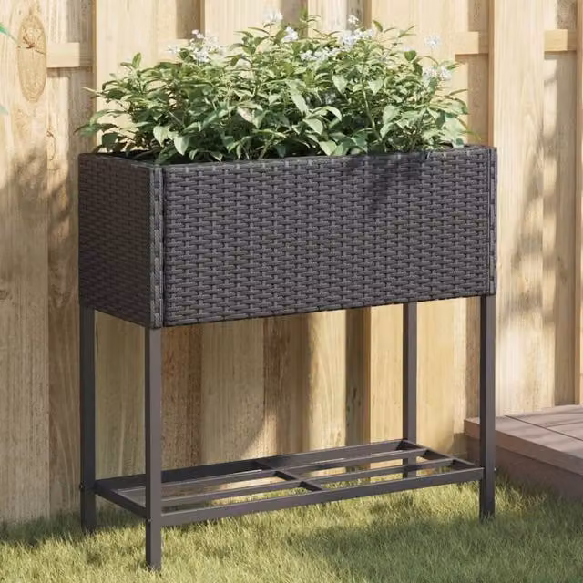 Berkfield Home Garden Planter with Shelf in Black Poly Rattan