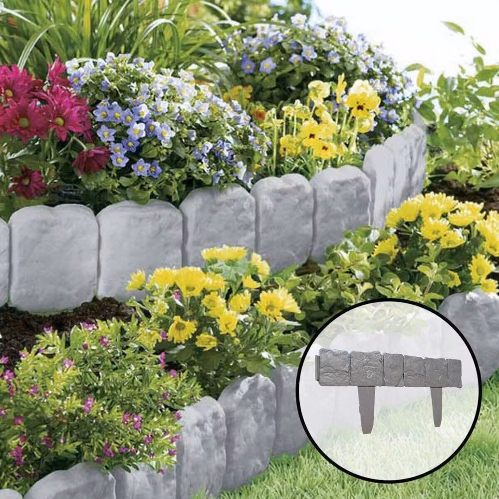 NESTLUNE 50 Pack Grey Cobbled Stone Effect Plastic Lawn Edging, W: 100 cm, D: 15 cm – 2