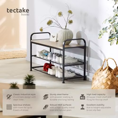 tectake 3-Tier Industrial Shoe Rack in Oak and Black, W/D/H: 91 x 36 x 55 cm – 2