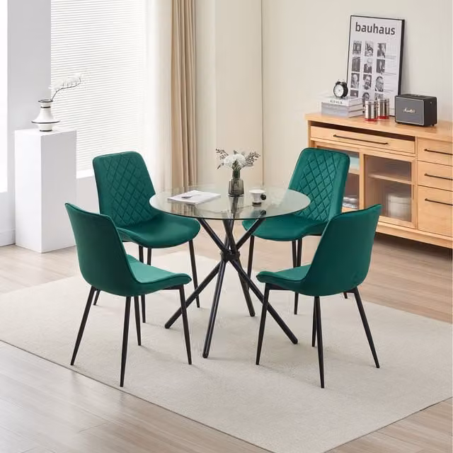 Madefor.living New York Round Glass Dining Table and Amelia Green Velvet Upholstered Chairs Set