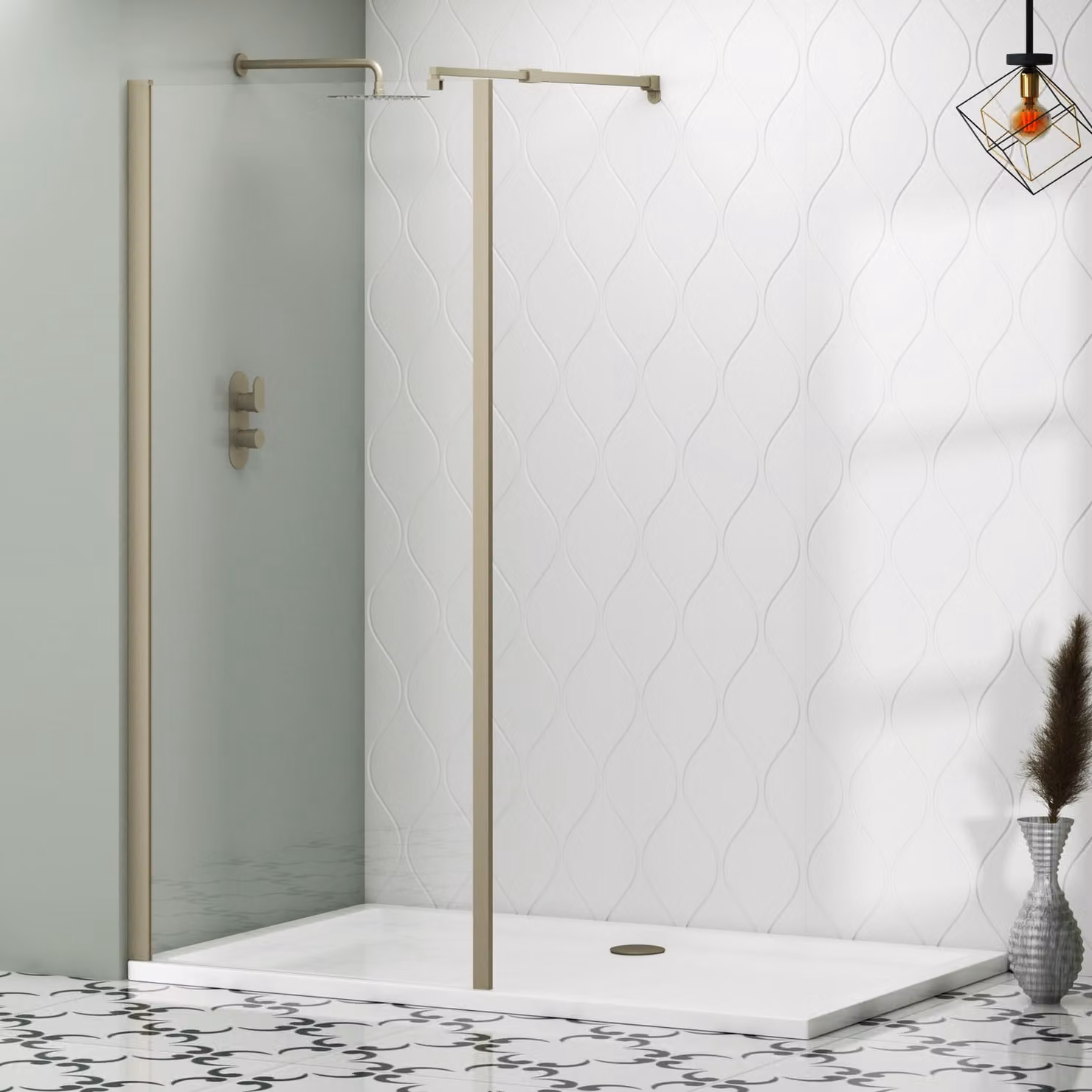 Royal Bathrooms Marbella Walk In Wet Room Shower Screen with Outer Frame, Brushed Nickel, 700mm Width, 8mm Easy Clean Glass