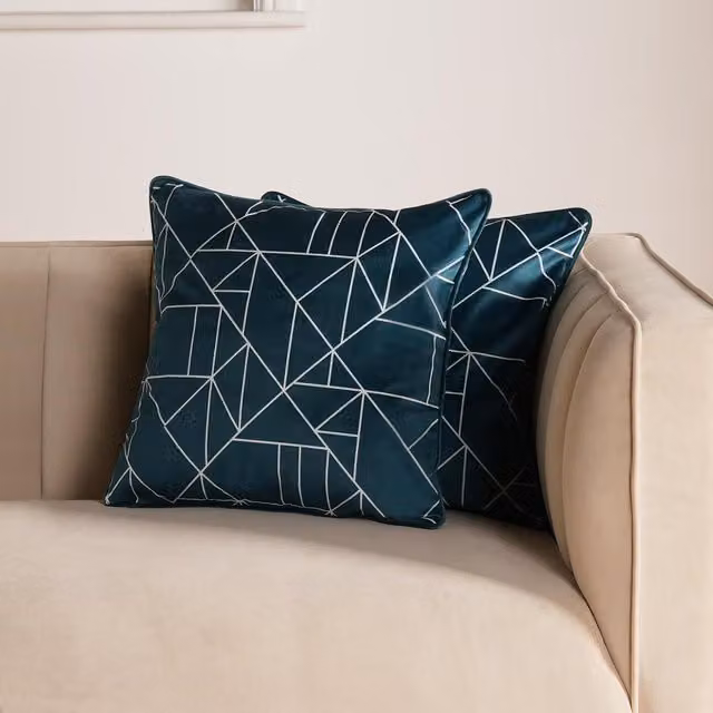 OHS Pack of 2 Matte Velvet Mason Geo Square Cushion Covers in Petrol and White