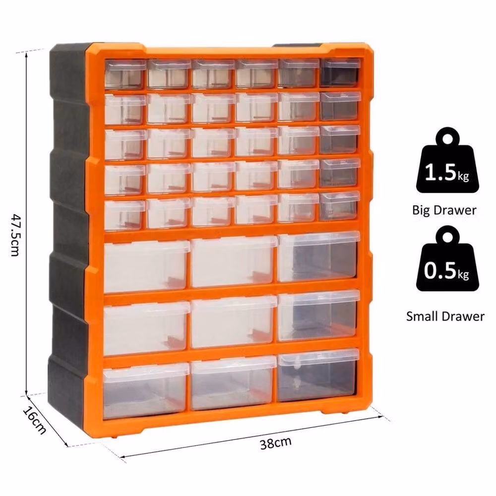 SPETLEK Organiser Screw Storage Cabinet with 39 Drawers, Orange and Transparent Plastic Tool Box for Garage – 2