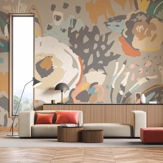 Origin Murals Abstract Floral Wall Mural in Grey and Multicolour