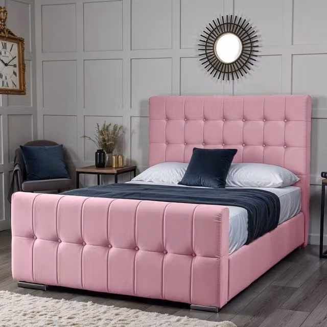 UK Bed Furniture Orlando Gas Lift Storage Upholstered Bed with 48 Inch Tufted Headboard in Pink, Size: King (180 x 200 cm) – 1