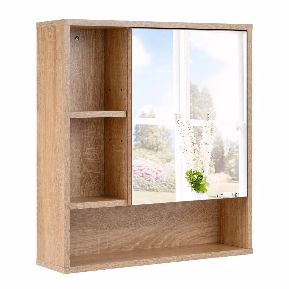 Gymax Modern Wall Mounted Medicine Cabinet with Mirror and Glass Doors in Beige – 6