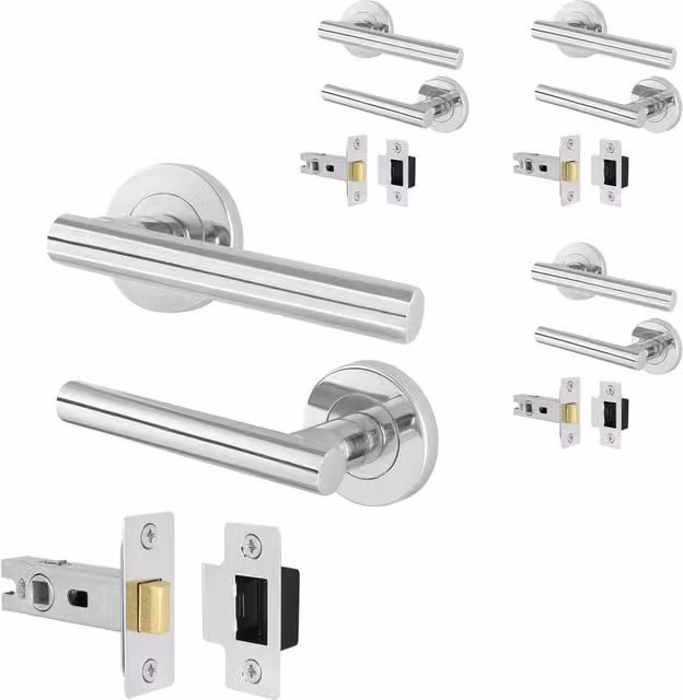 AFIT Olvera Range Chrome T-Bar Door Handles with Latch and Round Rose, Silver, 4 Pairs