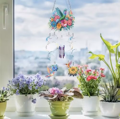 Syntego Blue and Multicolour Hummingbird and Floral 5D DIY Diamond Art Wind Chime Kit for Adults – 4