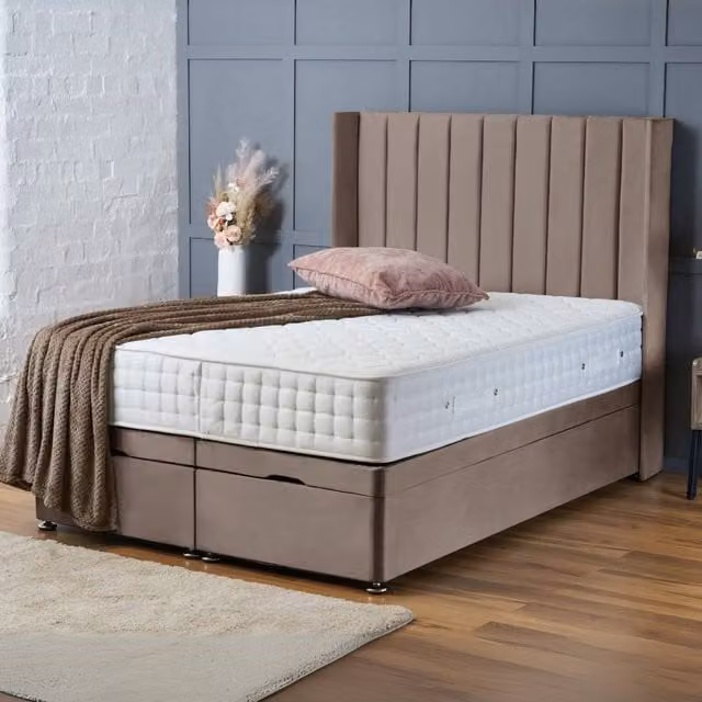BSSPOKE Hannah Super King Ottoman Divan Bed with 54 inch Headboard and Mattress in Taupe Plush Velvet