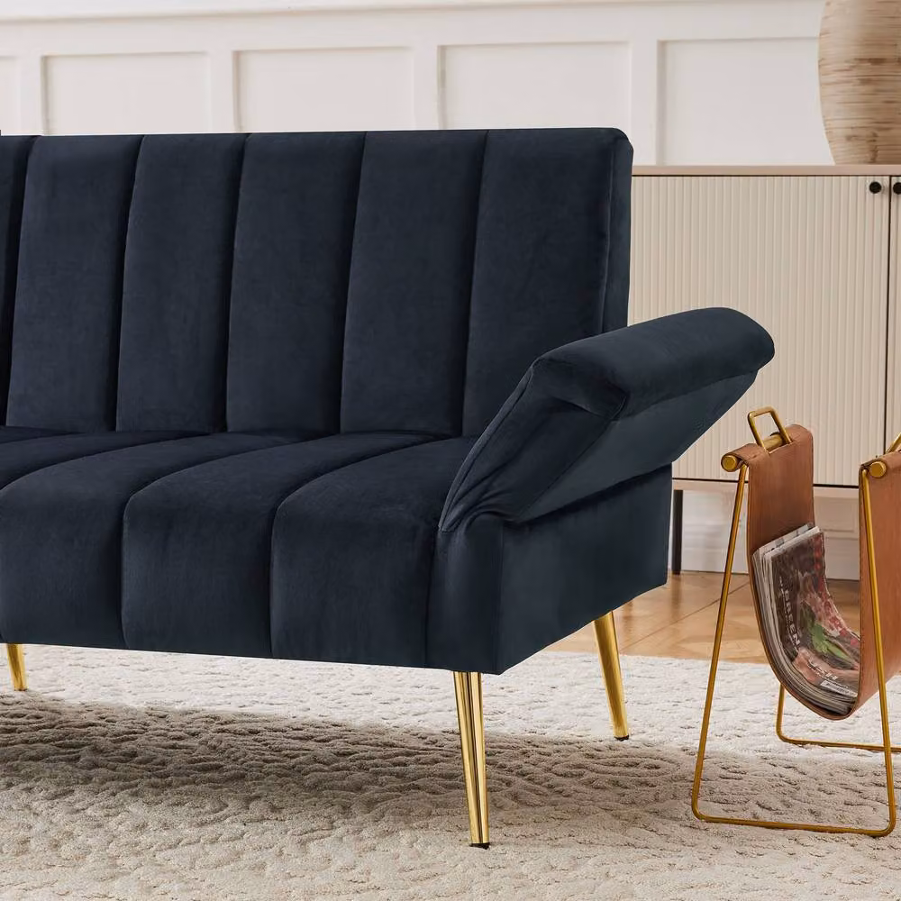 BTM Navy Blue Velvet Folding Sofa Bed with Removable Covers and Foam Padding, W/D/H: 183 x 140 x 75 cm – 2
