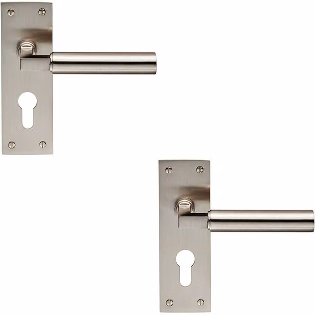 Loops 2x Pair Round Bar Handles with Slim Euro Lock Backplate, Satin Nickel, W: 15.05 cm, H: 15 cm, D: 5.6 cm