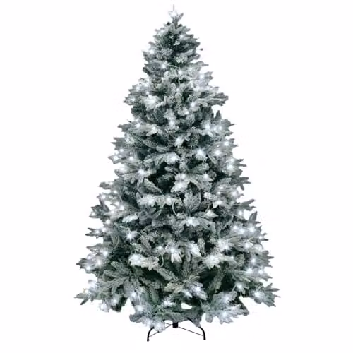 SHATCHI Lapland Fir Pre-Lit Artificial Christmas Tree with 180 Cool White LED Lights, Snow Flocked White Design and Metal Stand, Height: 150 cm