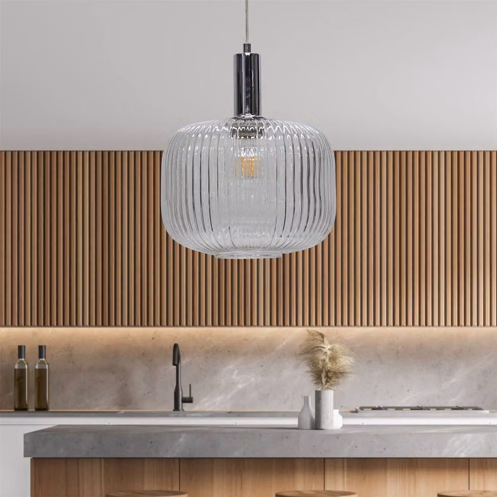 First Choice Lighting Batley Large Art Deco Pendant Fitting with Transparent Ribbed Glass and Chrome Finish, W/D/H: 25.5 x 25.5 x 116.5 cm – 2