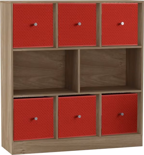 URBNLIVING 8 Oak Cube Bookcase with 6 Red Fabric Storage Drawer Inserts