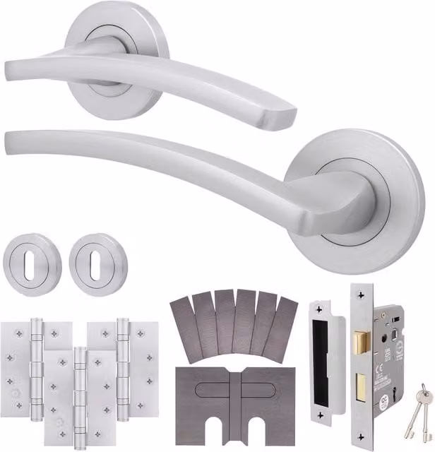 AFIT Satin Chrome Fire Door Handle Key Lock Set with Internal Lock and Hinges in Silver, Hinge Size: 150 x 150 mm – 1