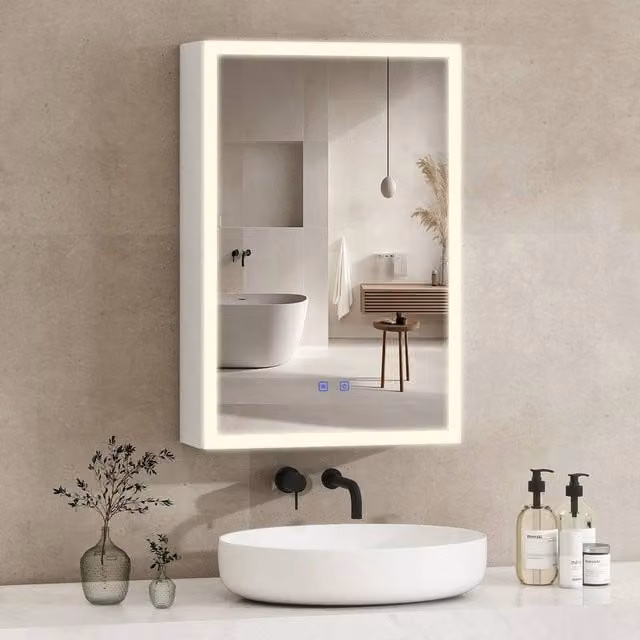 FORGEVIO Modern Single Door Bathroom Mirror Cabinet in White with 3-Colour LED Lighting and Shaver Socket